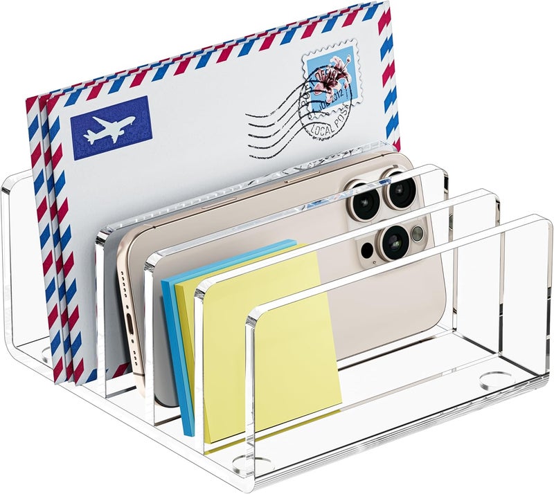 FUCDTEFC Desk Mail Organizer, 5 Section Clear Acrylic File Holder Letter Organizer, Vertical Lightweight Modern Envelope Holder Desk Accessories & Workspace Organizers for Office, Home, School - Image 1